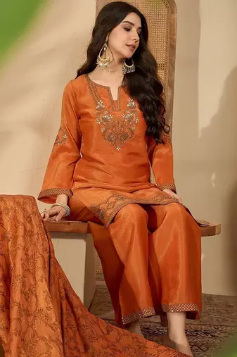 zari sequence embroidered kurta with palazzo & dupatta
