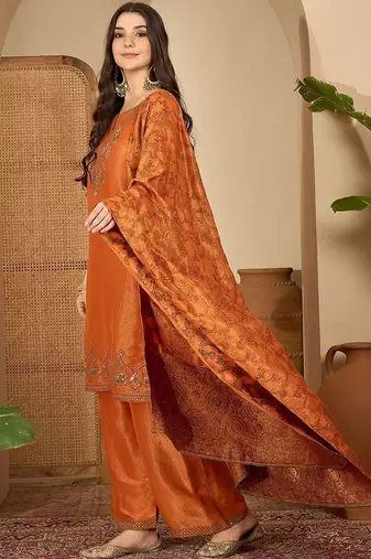 zari sequence embroidered kurta with palazzo & dupatta
