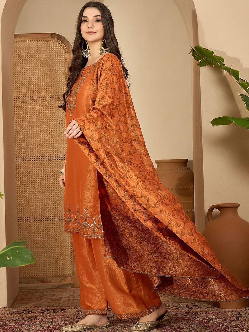 zari sequence embroidered kurta with palazzo & dupatta