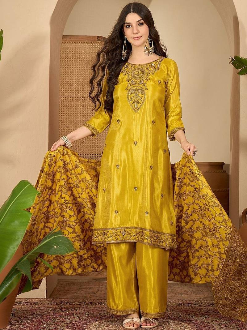 zari sequence thread embroidered kurta with trousers & dupatta