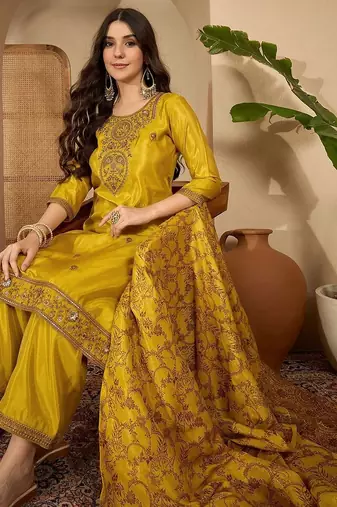 zari sequence thread embroidered kurta with trousers & dupatta