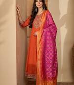 embroidered round neck straight kurta & trousers with dupatta
