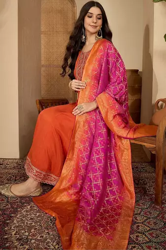 embroidered round neck kurta & trousers with dupatta