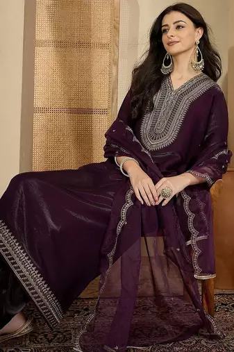 embroidered v-neck kurta & trousers with dupatta