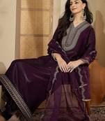 embroidered v-neck kurta & trousers with dupatta