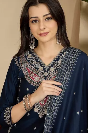embroidered v-neck kurta & trousers with dupatta