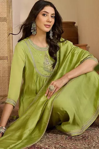 zari sequence thread embroidered kurta with trousers & dupatta