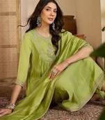 zari sequence thread embroidered kurta with trousers & dupatta