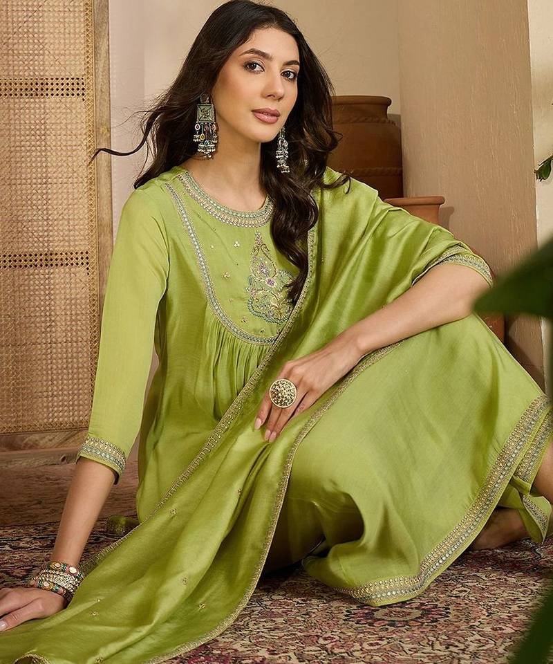 zari sequence thread embroidered kurta with trousers & dupatta