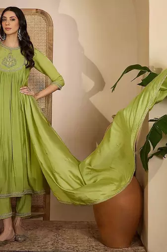 zari sequence thread embroidered kurta with trousers & dupatta