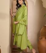 embroidered  round neck kurta & trousers kurta sets