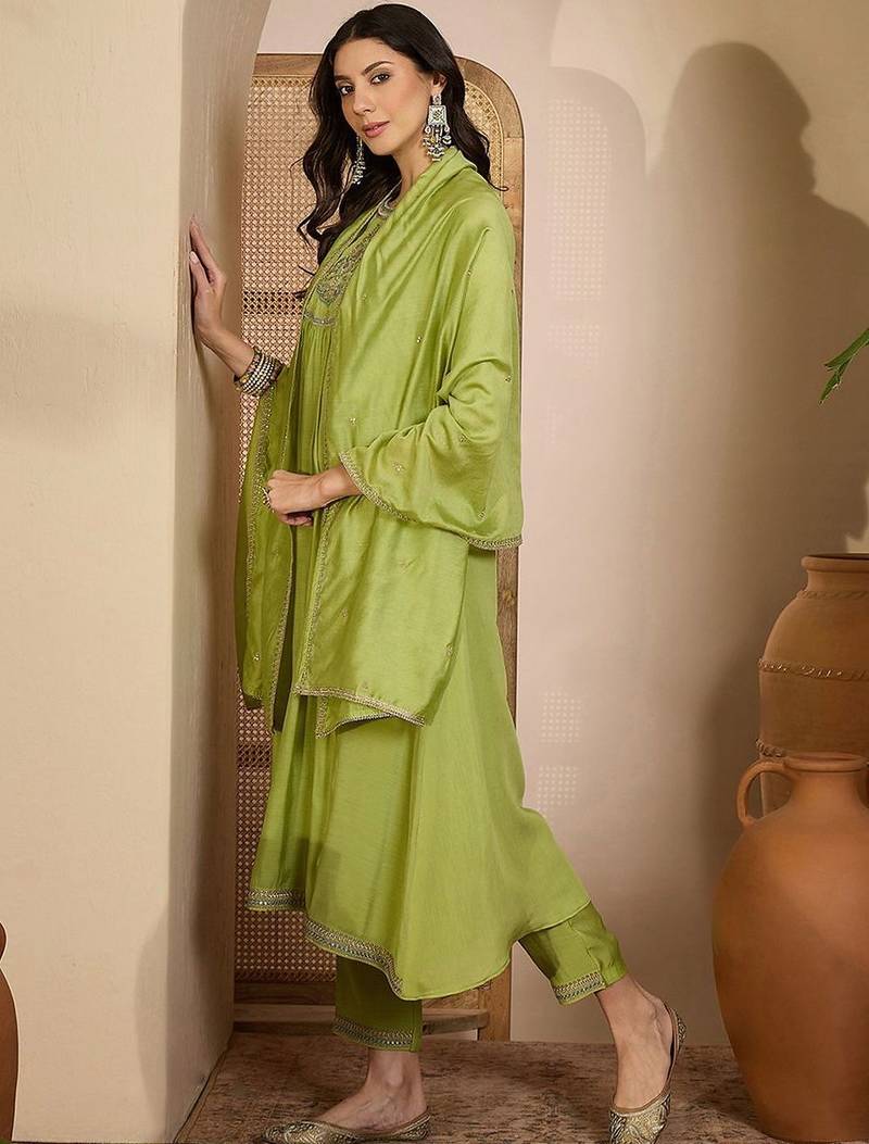 embroidered  round neck kurta & trousers kurta sets