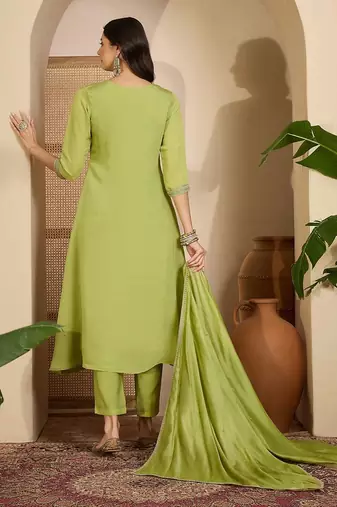 embroidered  round neck kurta & trousers kurta sets