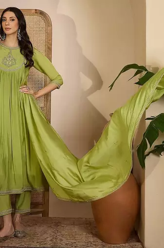 embroidered  round neck kurta & trousers kurta sets