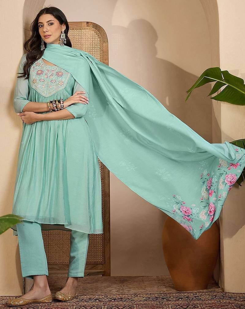 embroidered  round neck kurta & trousers kurta sets