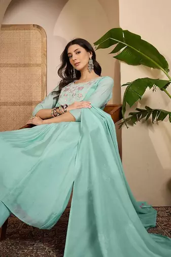 embroidered  round neck kurta & trousers kurta sets
