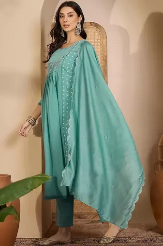 zari thread work embroidered round neck kurta & trousers with dupatta