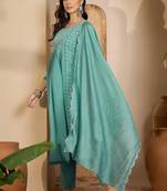 zari thread work embroidered round neck kurta & trousers with dupatta