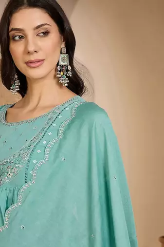 zari thread work embroidered round neck kurta & trousers with dupatta