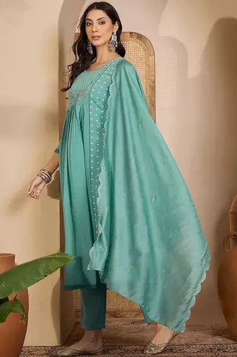 embroidered round neck kurta & trousers kurta sets