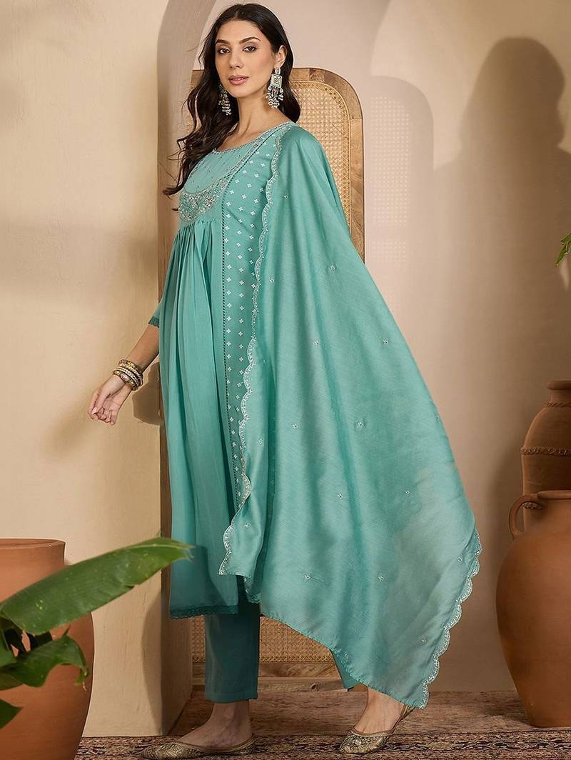 embroidered round neck kurta & trousers kurta sets