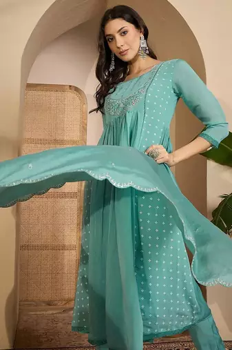 embroidered round neck kurta & trousers kurta sets