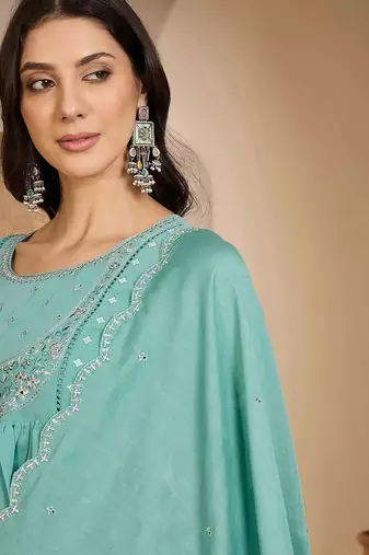 embroidered round neck kurta & trousers kurta sets
