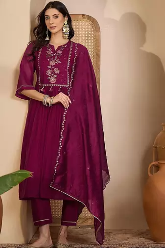 embroidered round neck  kurta trousers & dupatta