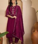 embroidered round neck  kurta trousers & dupatta