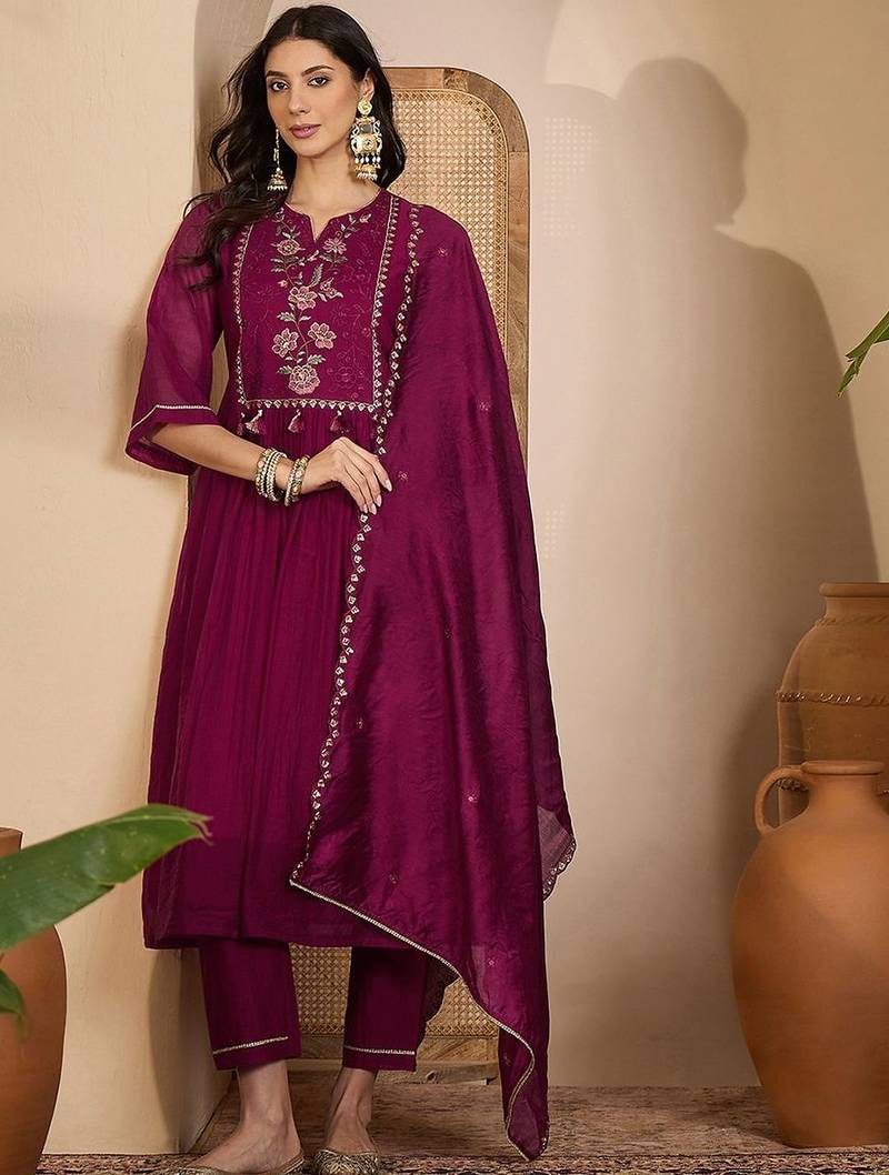 embroidered round neck  kurta trousers & dupatta