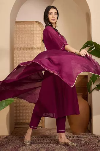 embroidered round neck  kurta trousers & dupatta