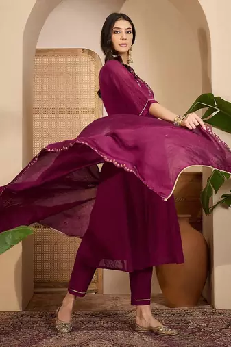 embroidered  round neck  kurta sets