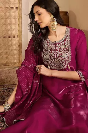 embroidered round neck kurta & trousers kurta sets