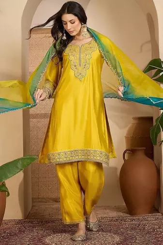 embroidered round neck  kurta trousers & dupatta