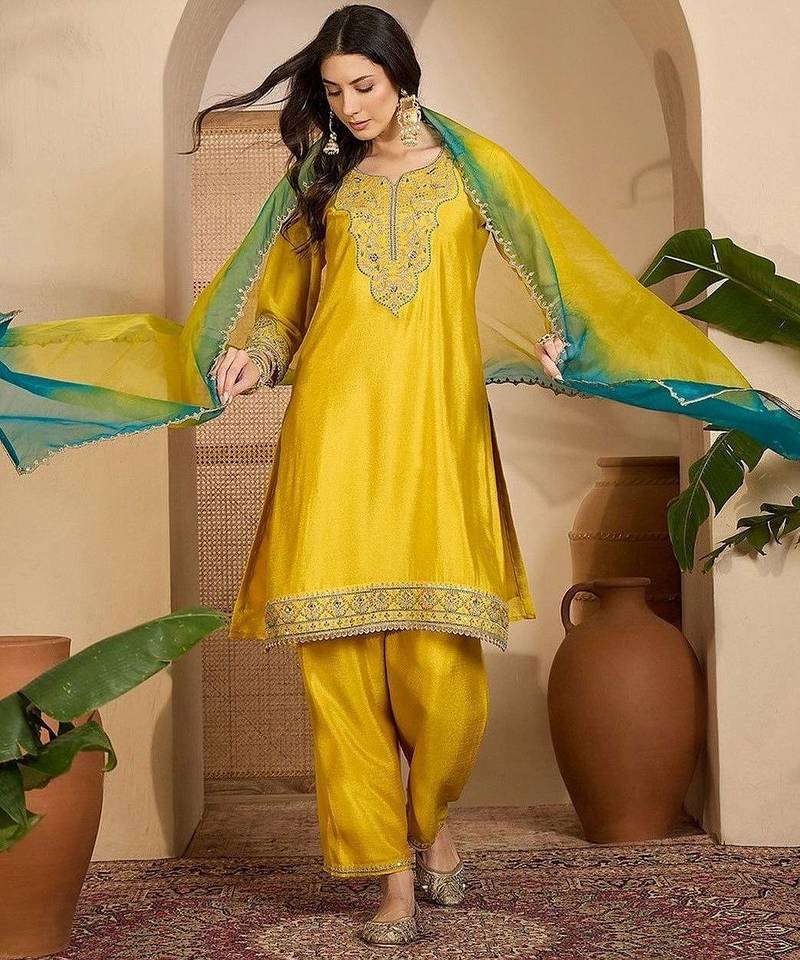 embroidered round neck  kurta trousers & dupatta