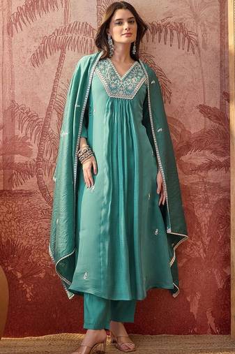 embroidered  v-neck a-line kurta & trousers with dupatta