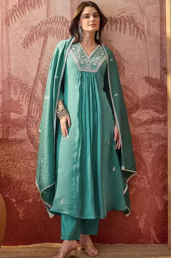 embroidered  v-neck a-line kurta & trousers with dupatta