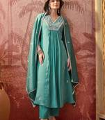 embroidered  v-neck a-line kurta & trousers with dupatta