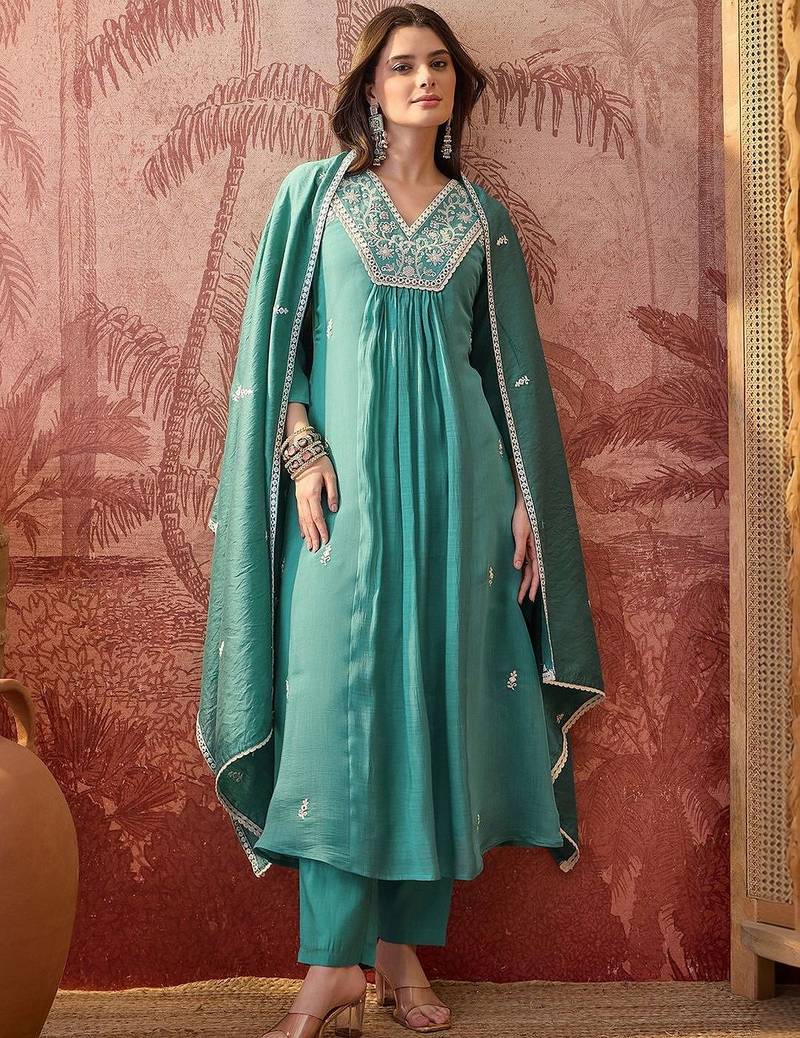 embroidered  v-neck a-line kurta & trousers with dupatta