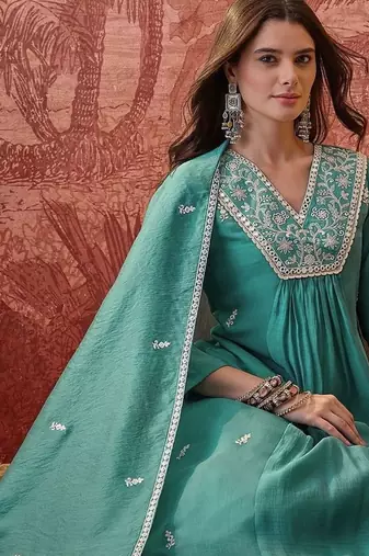 embroidered  v-neck a-line kurta & trousers with dupatta
