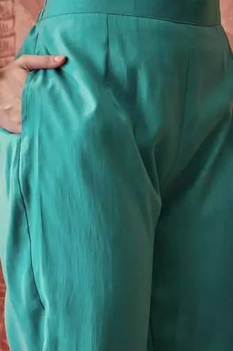 embroidered  v-neck a-line kurta & trousers with dupatta