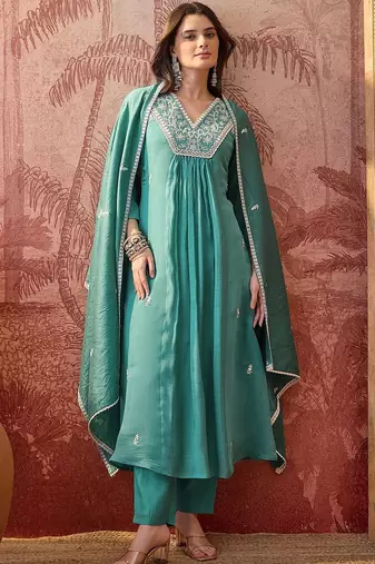 embroidered  v-neck kurta & trousers kurta sets