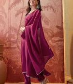 embroidered round neck straight kurta & trousers with dupatta