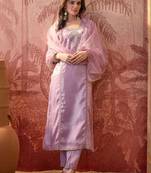 embroidered square neck straight kurta & trousers with dupatta