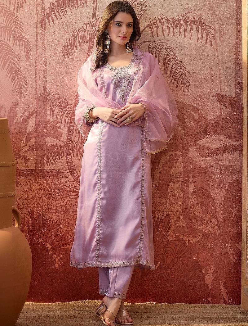 embroidered square neck straight kurta & trousers with dupatta
