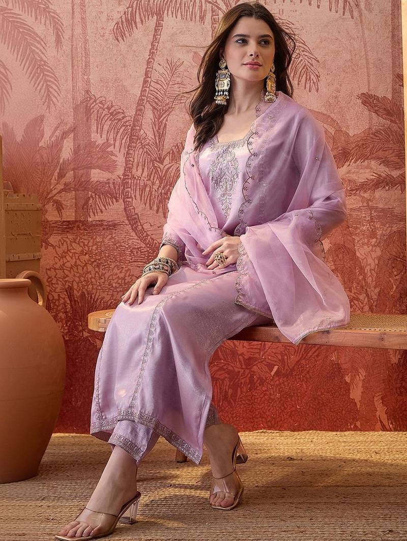 embroidered  square neck kurta & trousers kurta sets