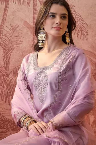 embroidered  square neck kurta & trousers kurta sets
