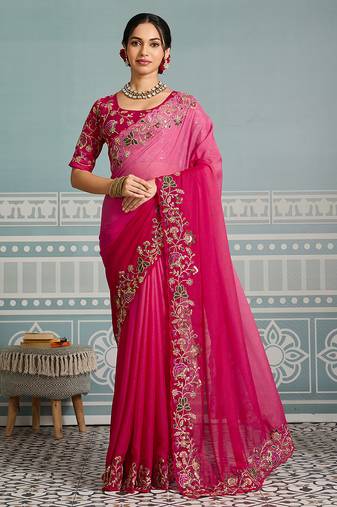 Ombre Pink clr Embroidery Cutwork saree with heavy work blouse