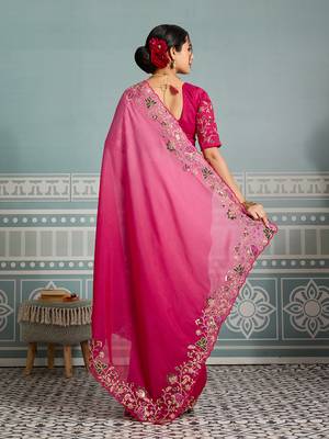 Ombre Pink clr Embroidery Cutwork saree with heavy work blouse 3