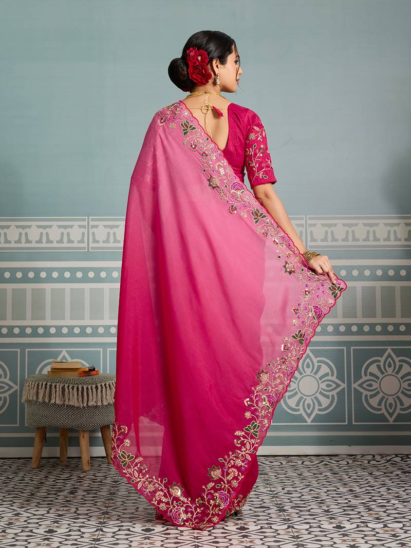 Ombre Pink clr Embroidery Cutwork saree with heavy work blouse
